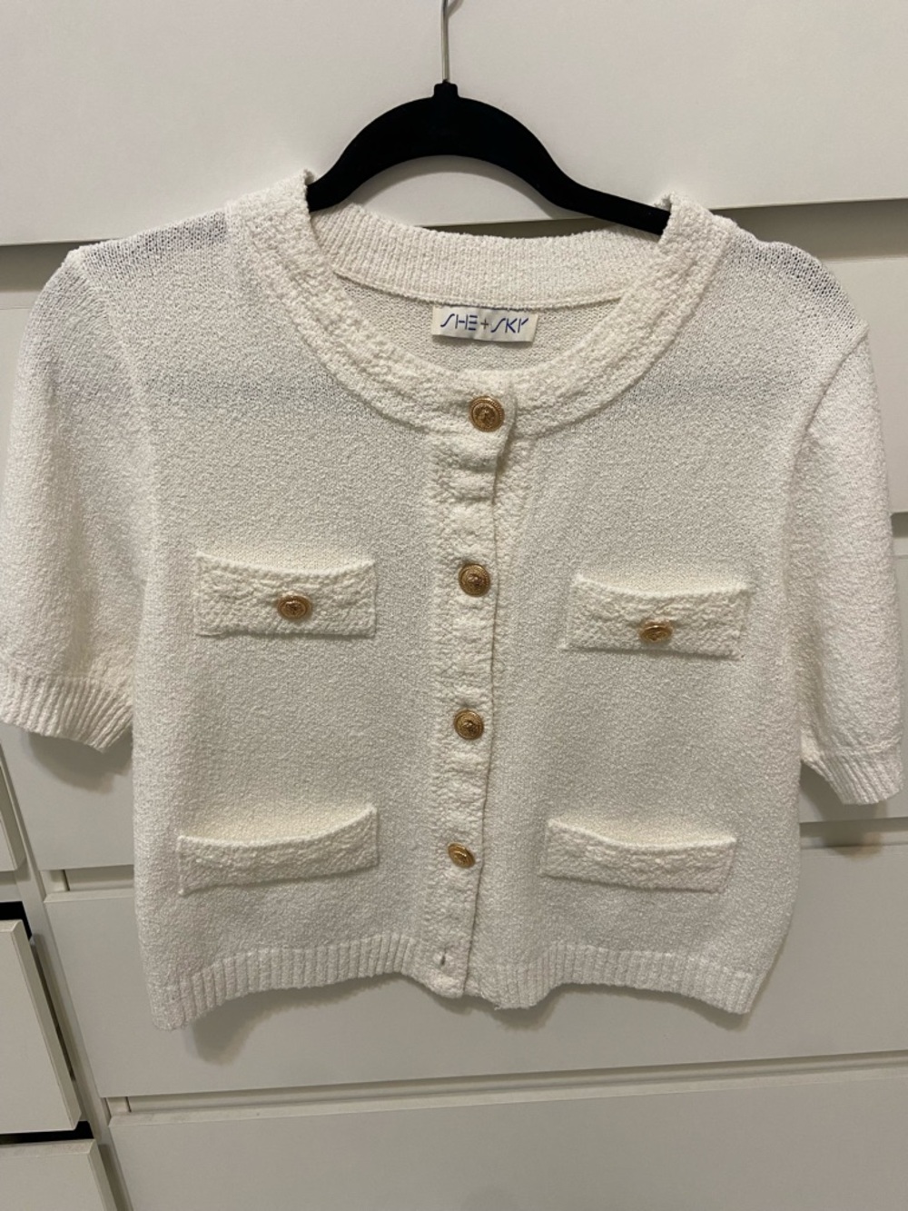 🌷 2 for $10 She + Sky Ivory Short-Sleeve Bouclé Cardigan with Gold Buttons
